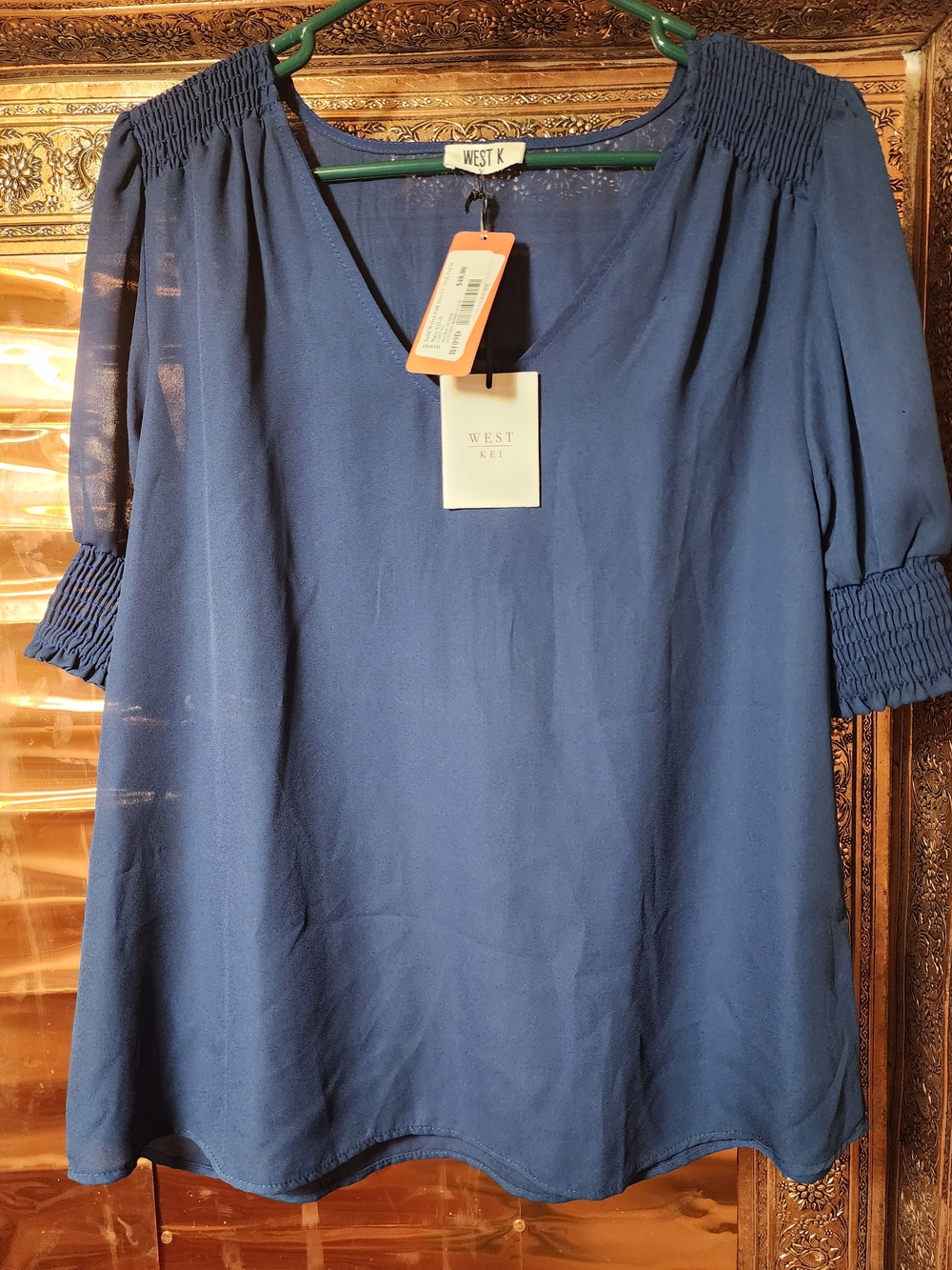 West Kei Women's Navy V-Neck Smocked Sleeve Blouse